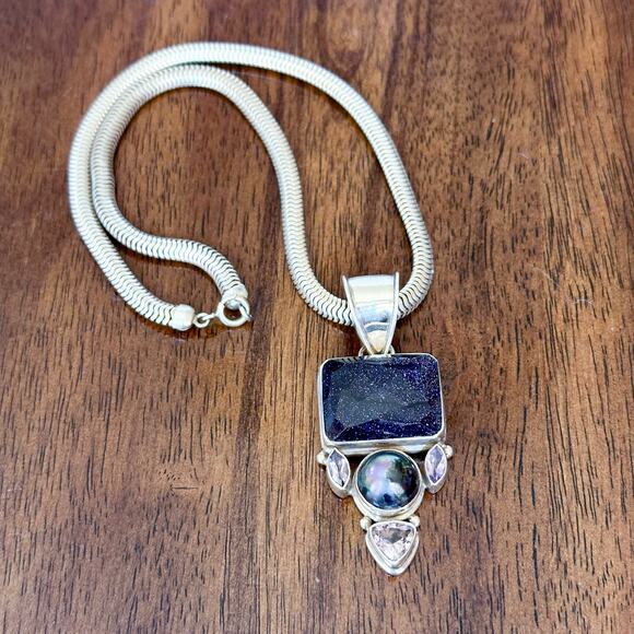 Multi Gem w Forstner Sterling Silver Choker Blue Goldstone Blck Pearl Amethyst - Picture 5 of 11